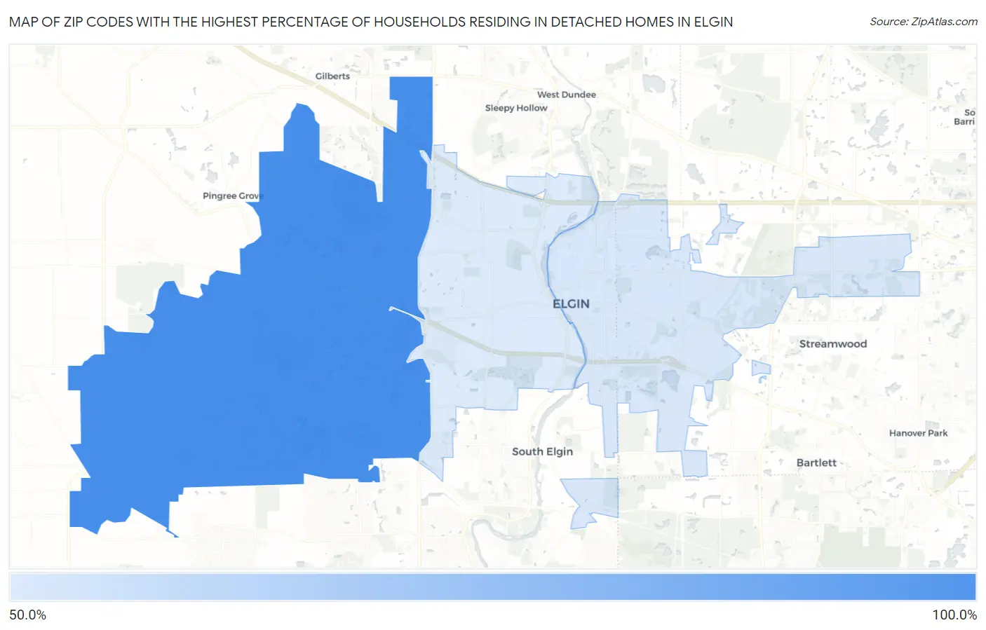 Zip Codes with the Highest Percentage of Households Residing in Detached Homes in Elgin Map