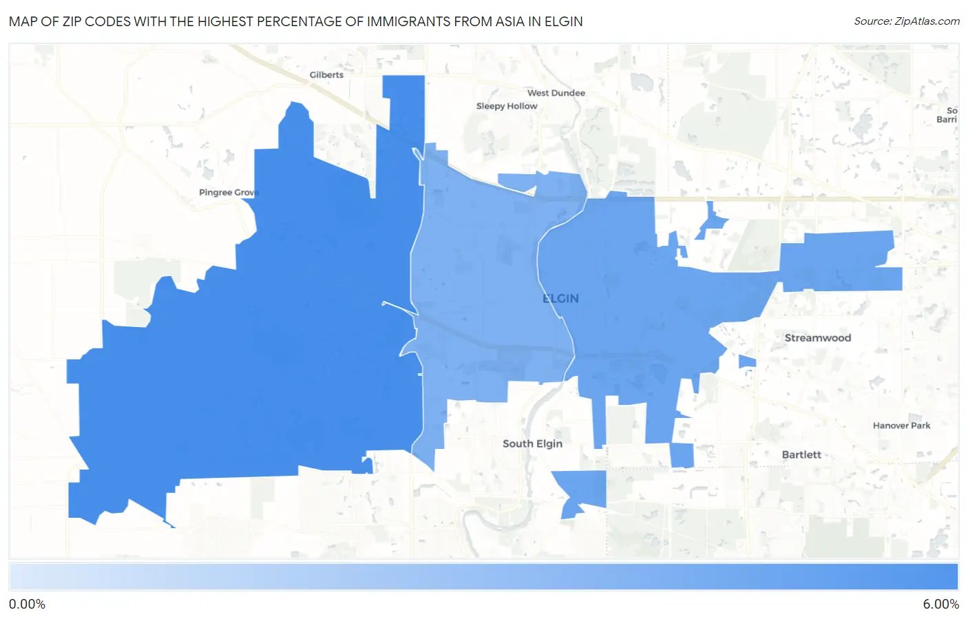 Zip Codes with the Highest Percentage of Immigrants from Asia in Elgin Map