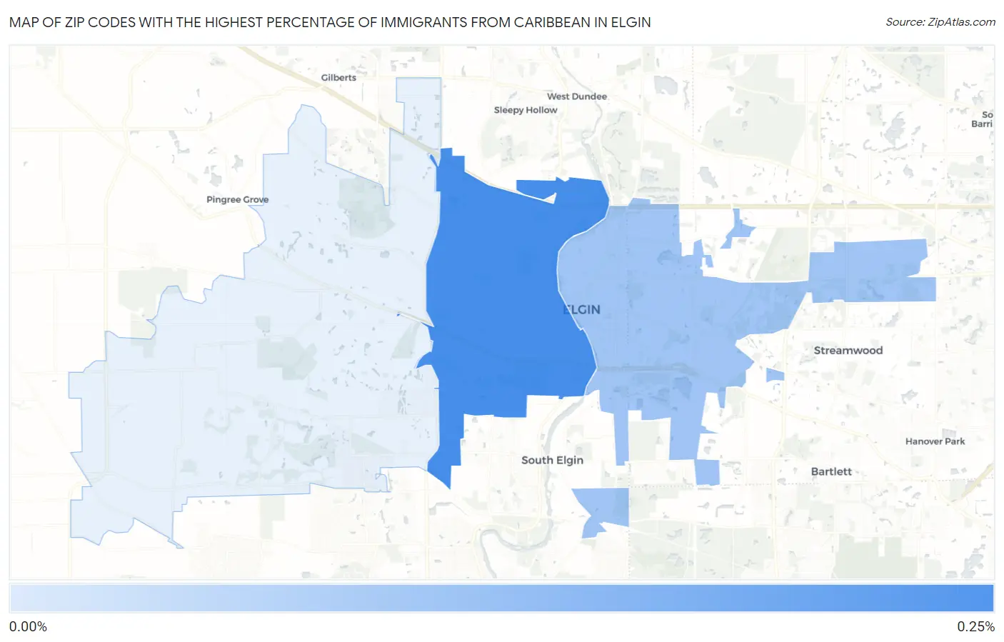 Zip Codes with the Highest Percentage of Immigrants from Caribbean in Elgin Map