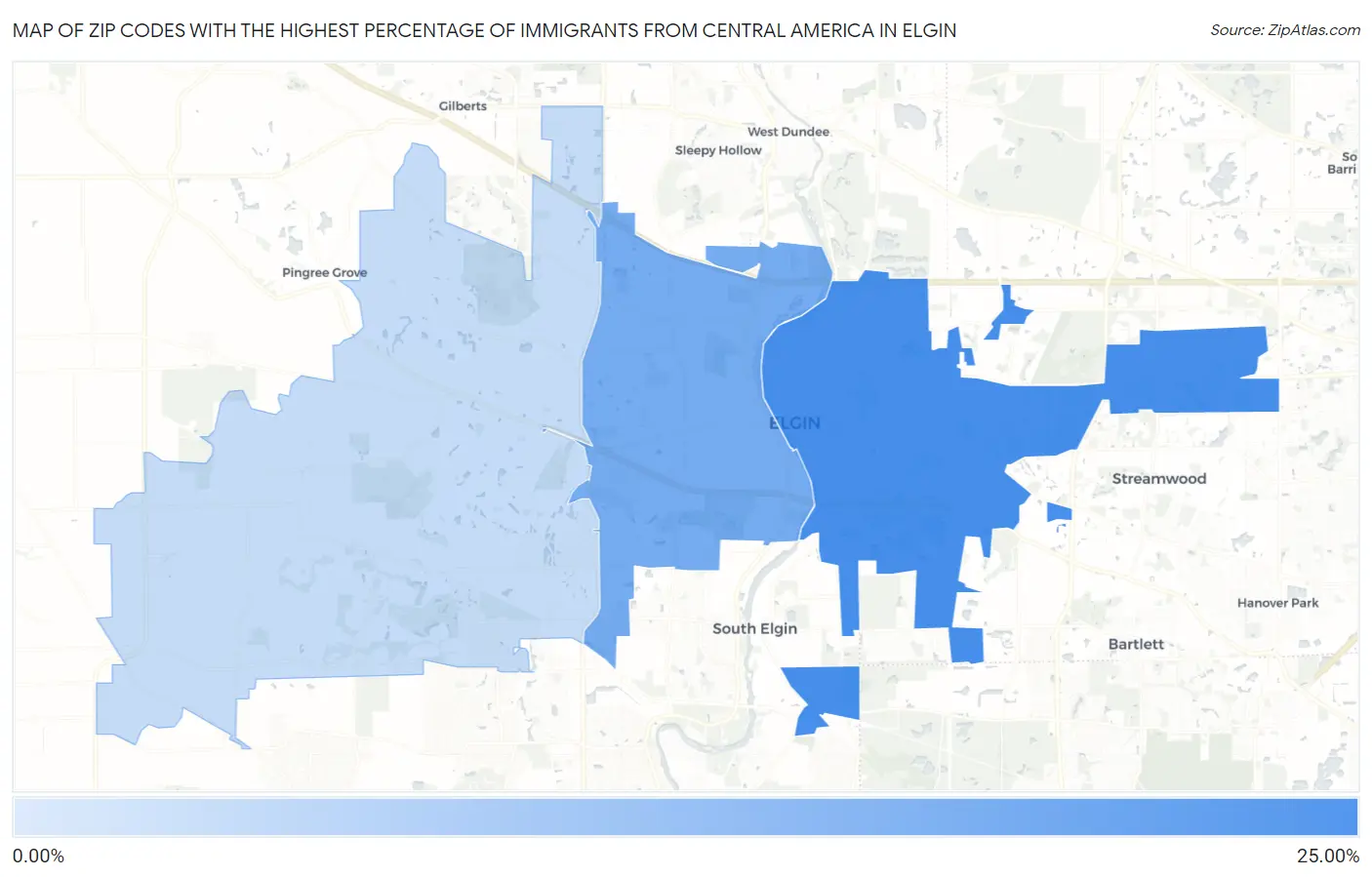 Zip Codes with the Highest Percentage of Immigrants from Central America in Elgin Map