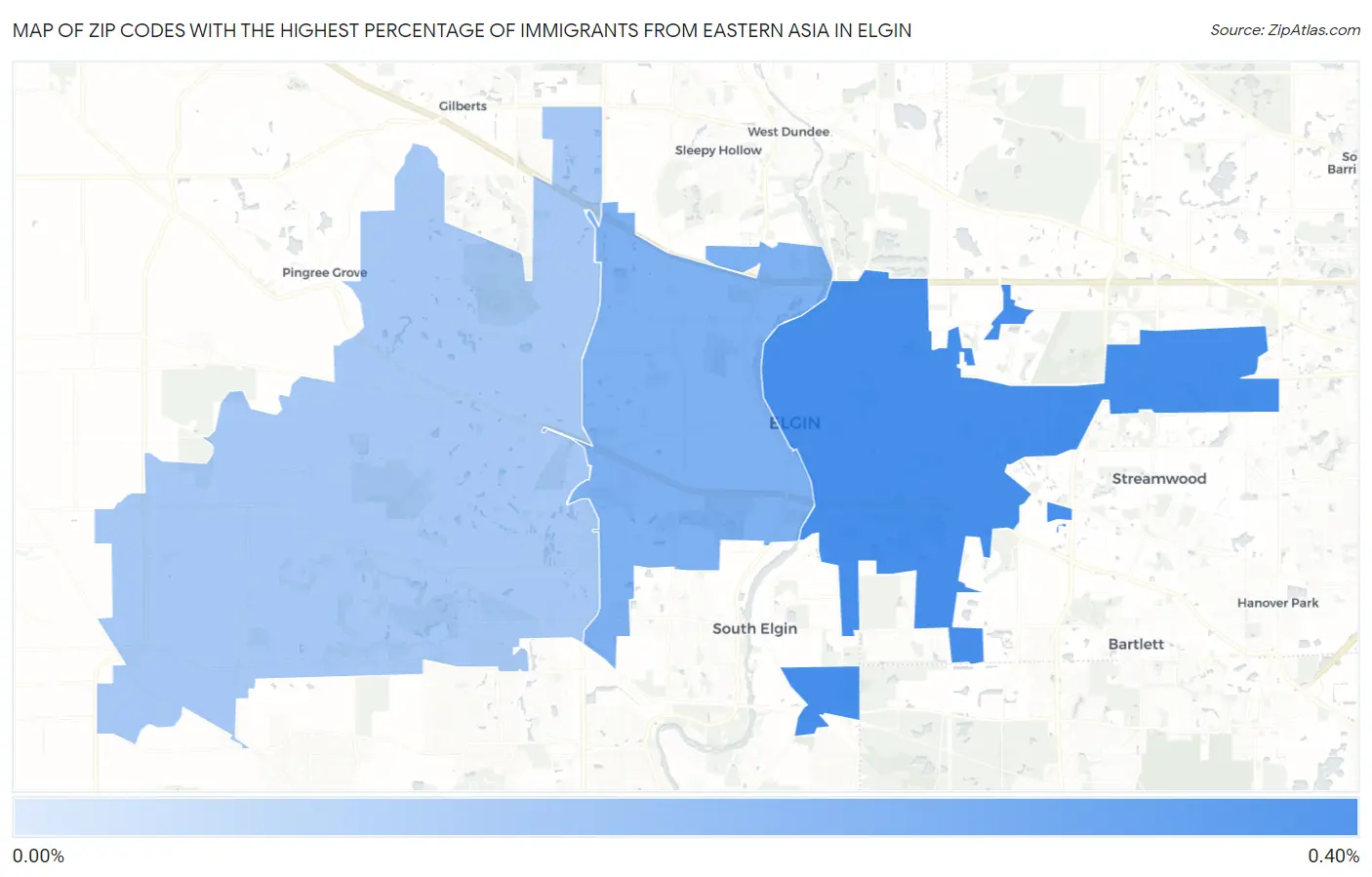 Zip Codes with the Highest Percentage of Immigrants from Eastern Asia in Elgin Map