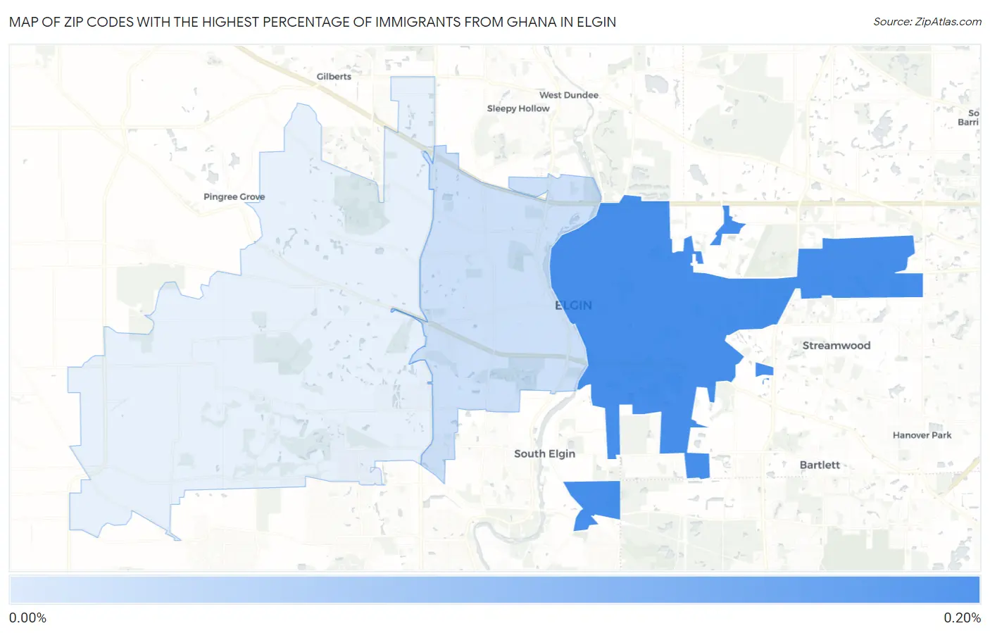 Zip Codes with the Highest Percentage of Immigrants from Ghana in Elgin Map
