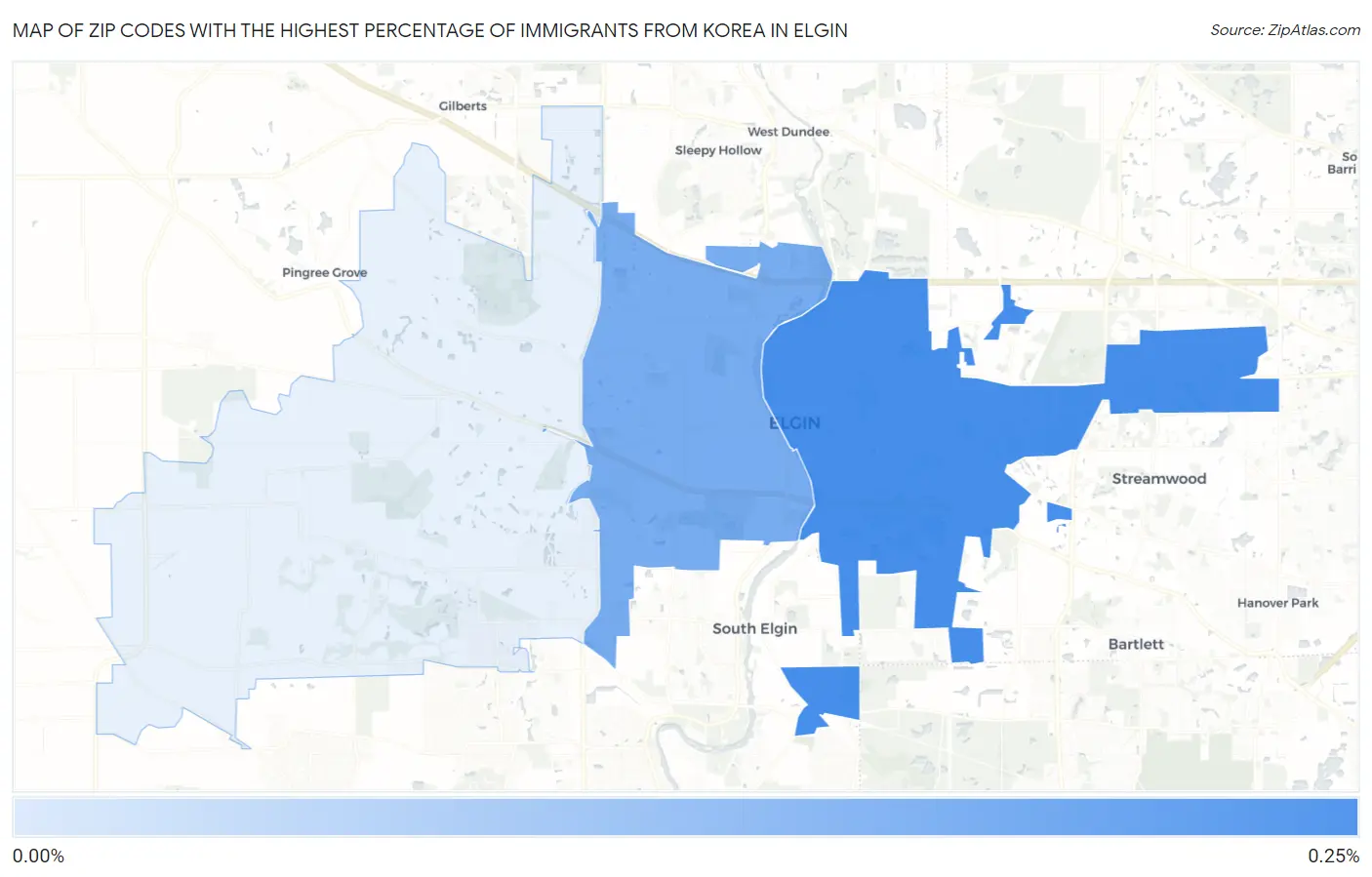 Zip Codes with the Highest Percentage of Immigrants from Korea in Elgin Map
