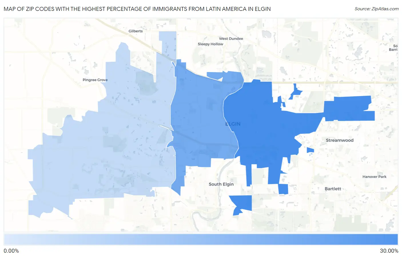 Zip Codes with the Highest Percentage of Immigrants from Latin America in Elgin Map