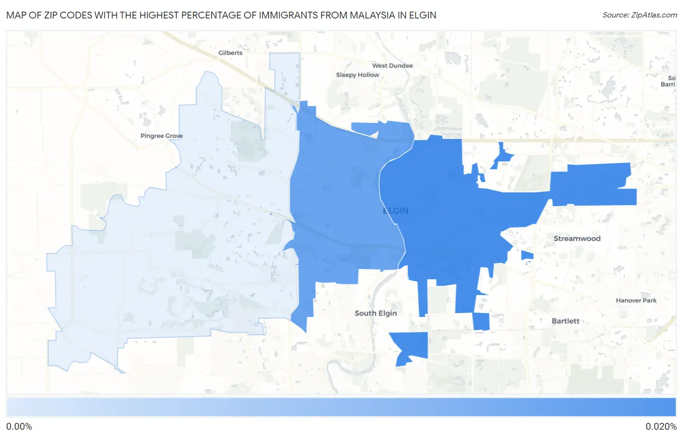 Zip Codes with the Highest Percentage of Immigrants from Malaysia in Elgin Map