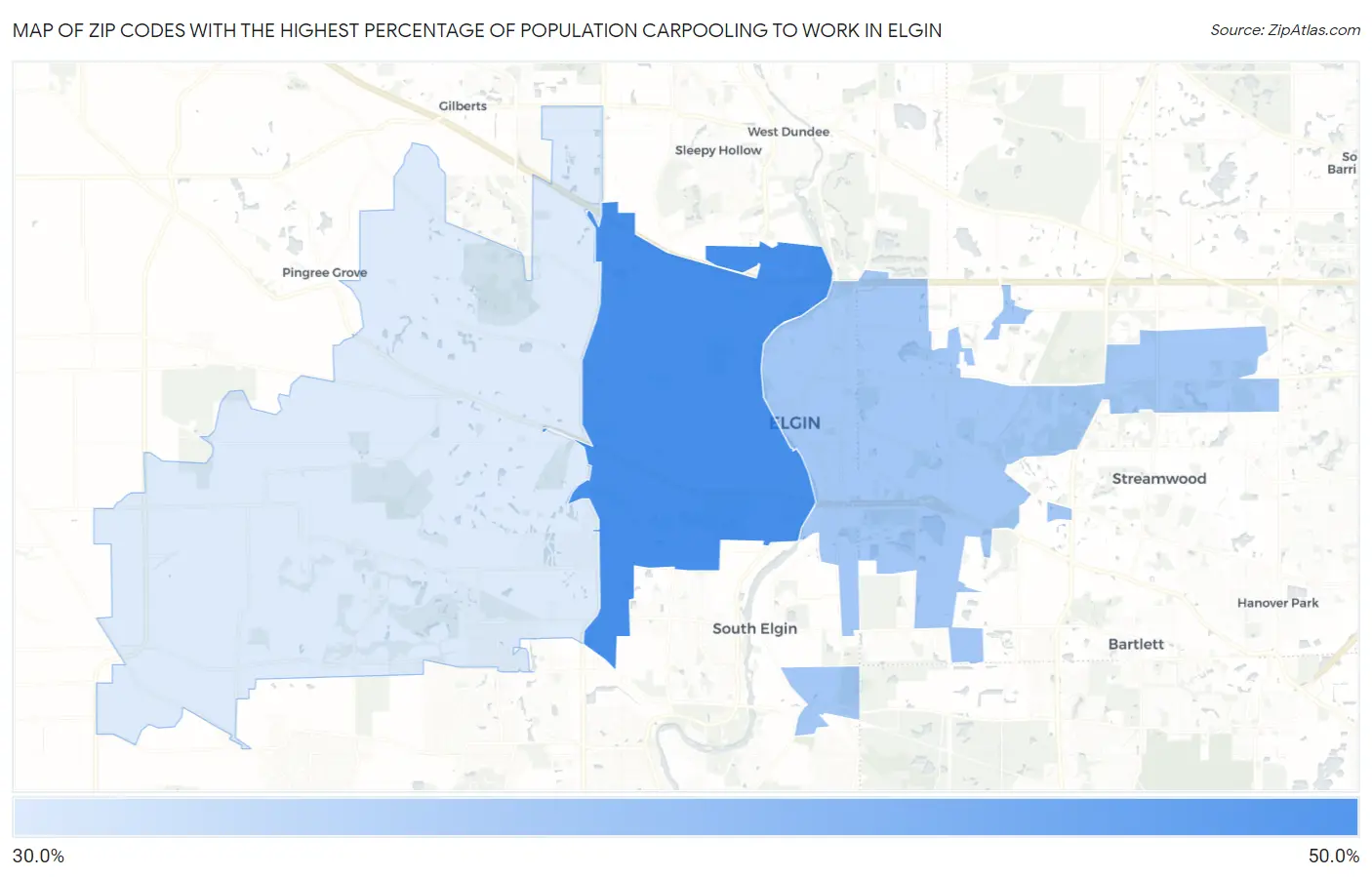 Zip Codes with the Highest Percentage of Population Carpooling to Work in Elgin Map
