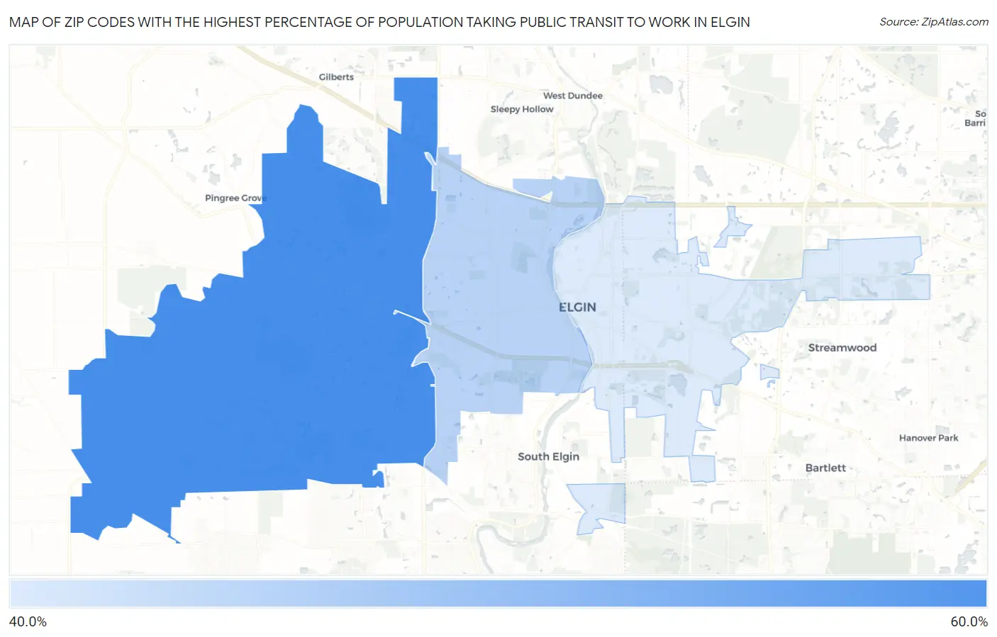 Zip Codes with the Highest Percentage of Population Taking Public Transit to Work in Elgin Map