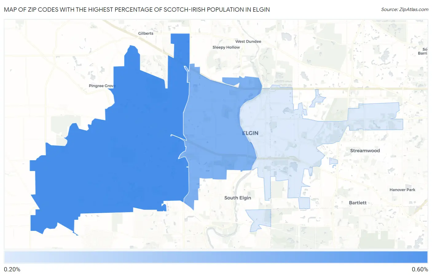 Zip Codes with the Highest Percentage of Scotch-Irish Population in Elgin Map