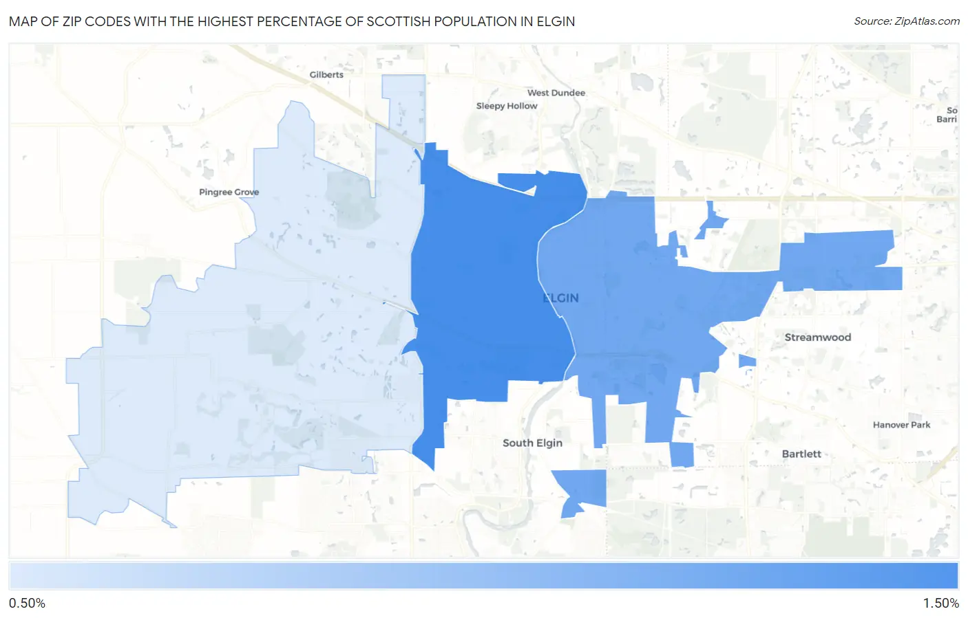 Zip Codes with the Highest Percentage of Scottish Population in Elgin Map