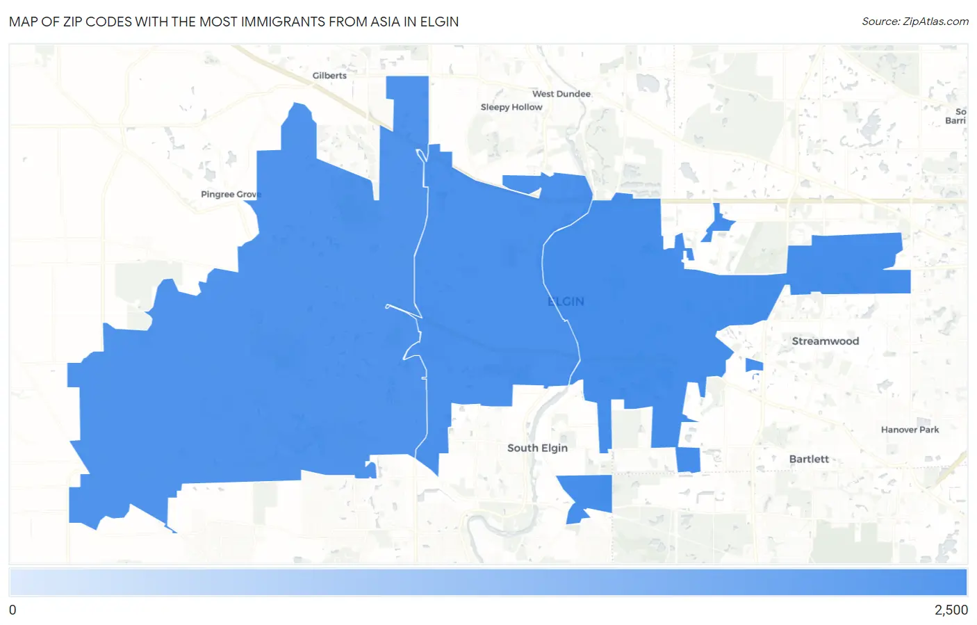 Zip Codes with the Most Immigrants from Asia in Elgin Map