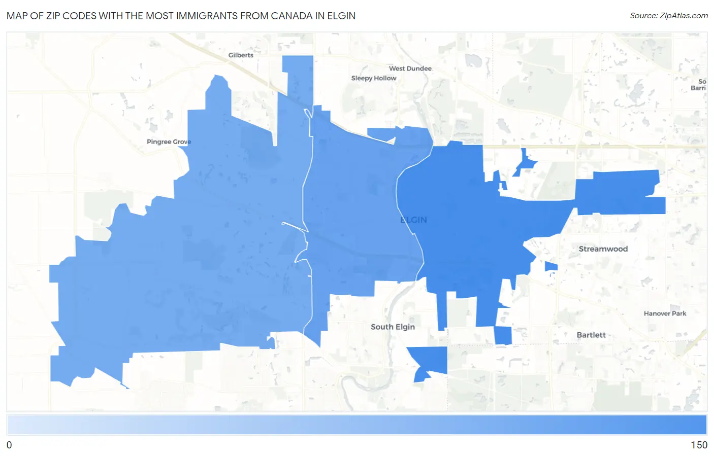 Zip Codes with the Most Immigrants from Canada in Elgin Map