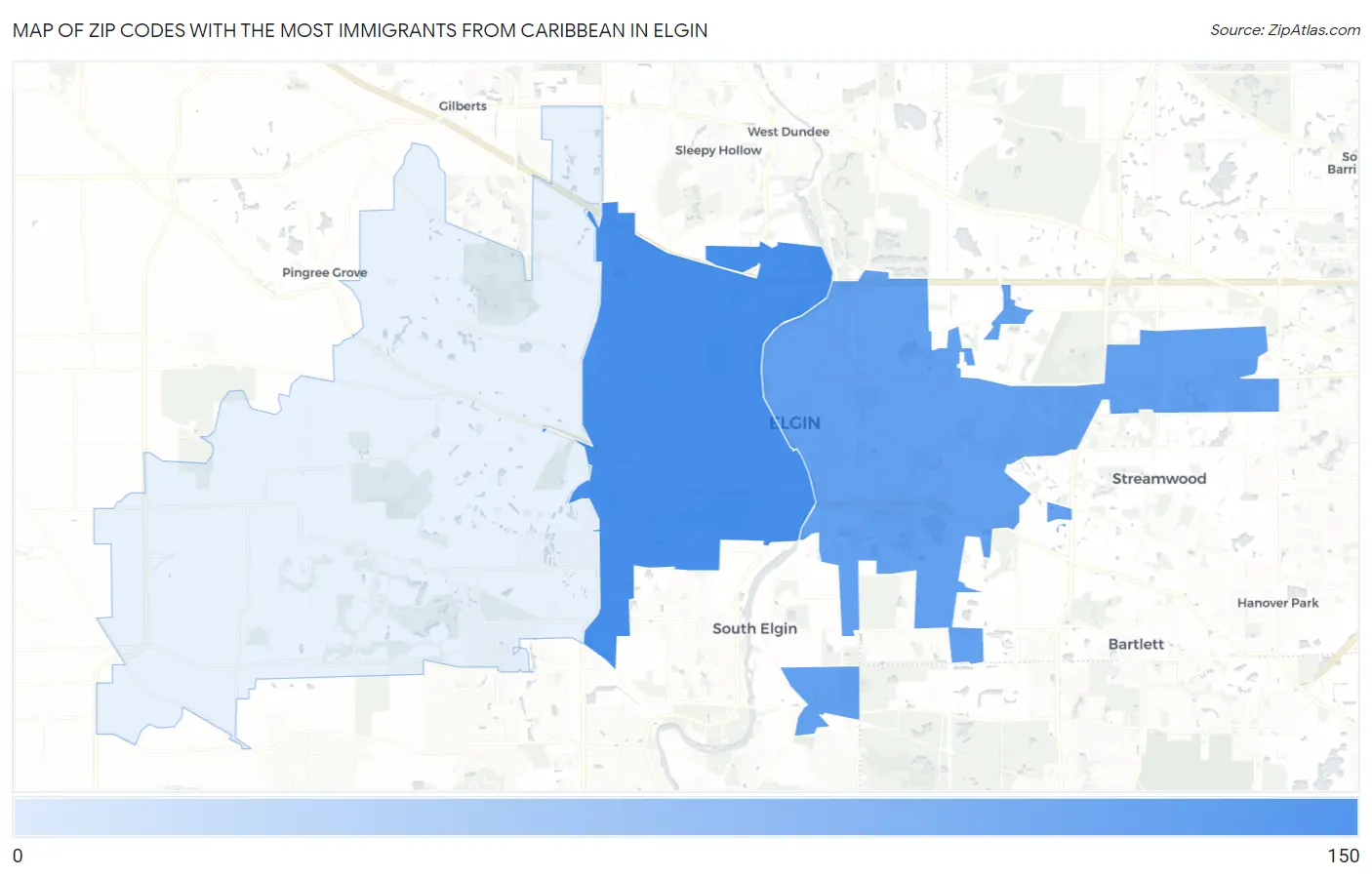 Zip Codes with the Most Immigrants from Caribbean in Elgin Map