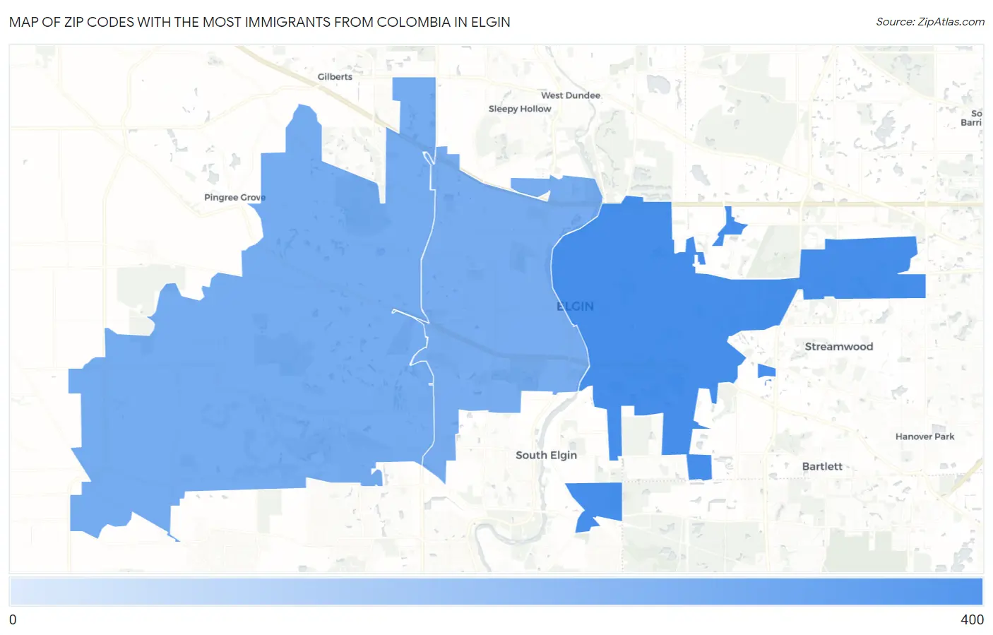 Zip Codes with the Most Immigrants from Colombia in Elgin Map