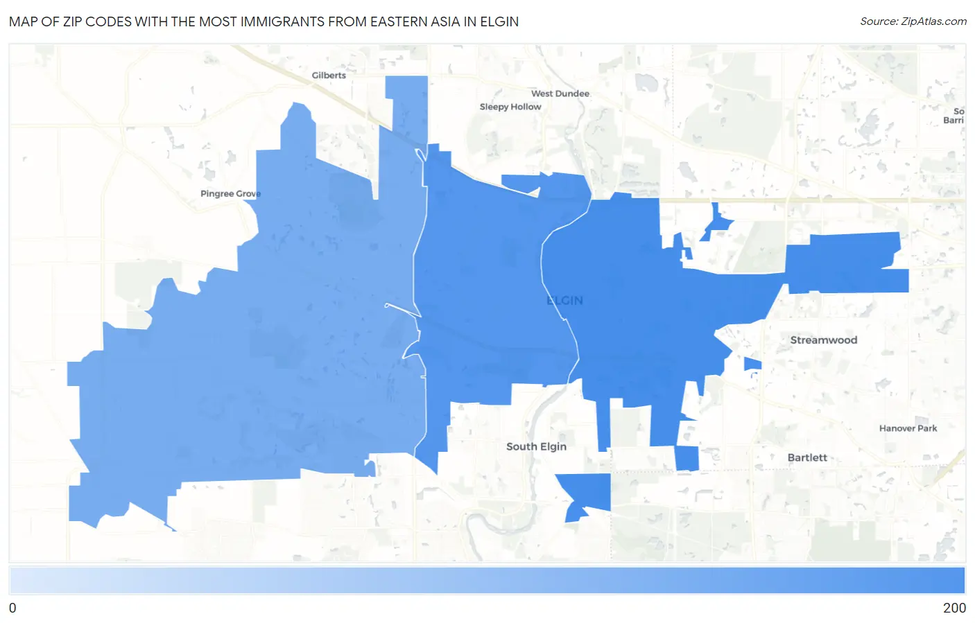 Zip Codes with the Most Immigrants from Eastern Asia in Elgin Map