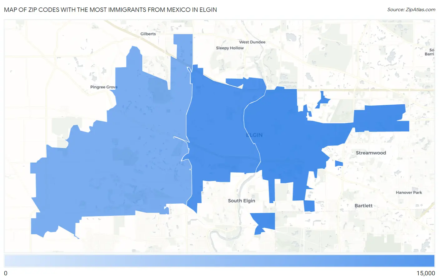 Zip Codes with the Most Immigrants from Mexico in Elgin Map