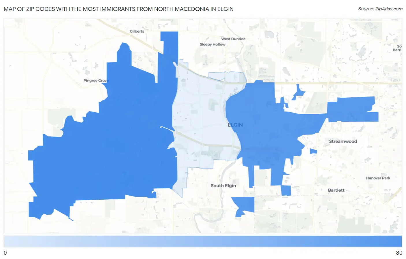 Zip Codes with the Most Immigrants from North Macedonia in Elgin Map