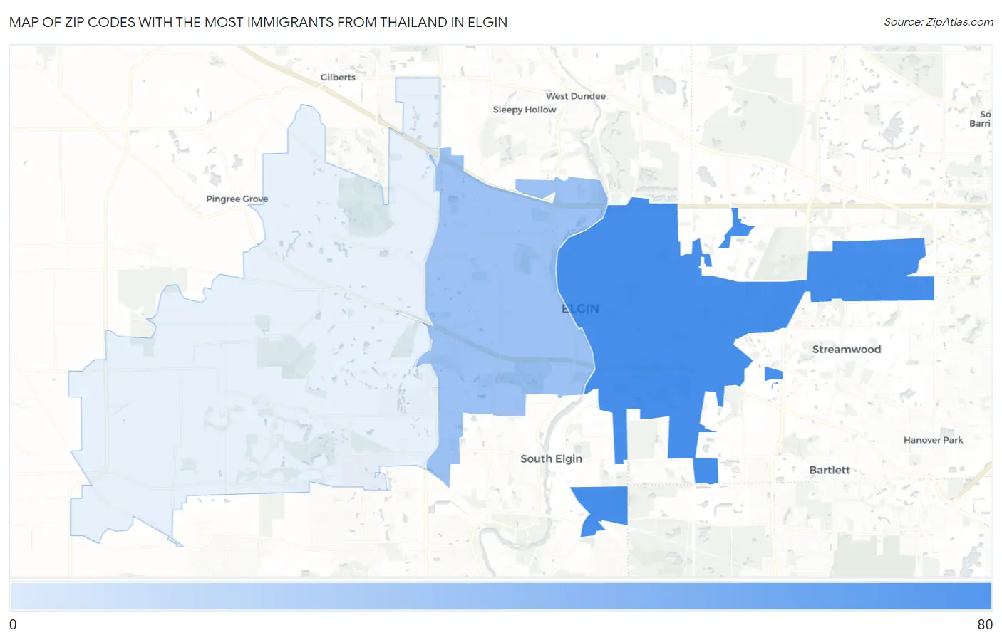 Zip Codes with the Most Immigrants from Thailand in Elgin Map