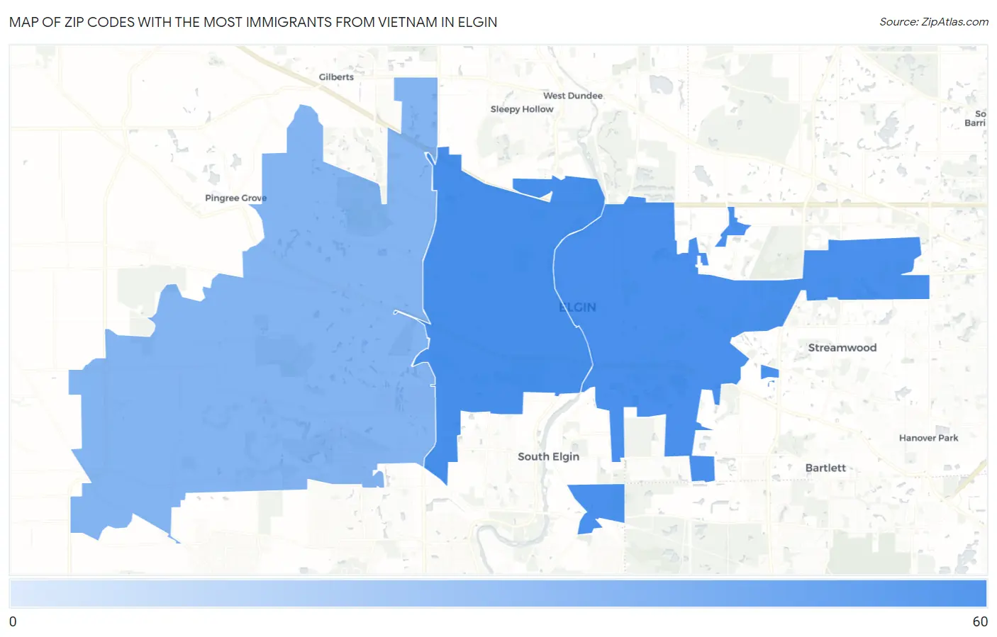 Zip Codes with the Most Immigrants from Vietnam in Elgin Map