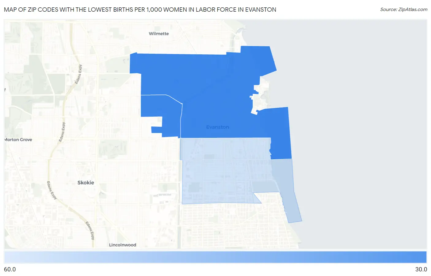 Zip Codes with the Lowest Births per 1,000 Women in Labor Force in Evanston Map