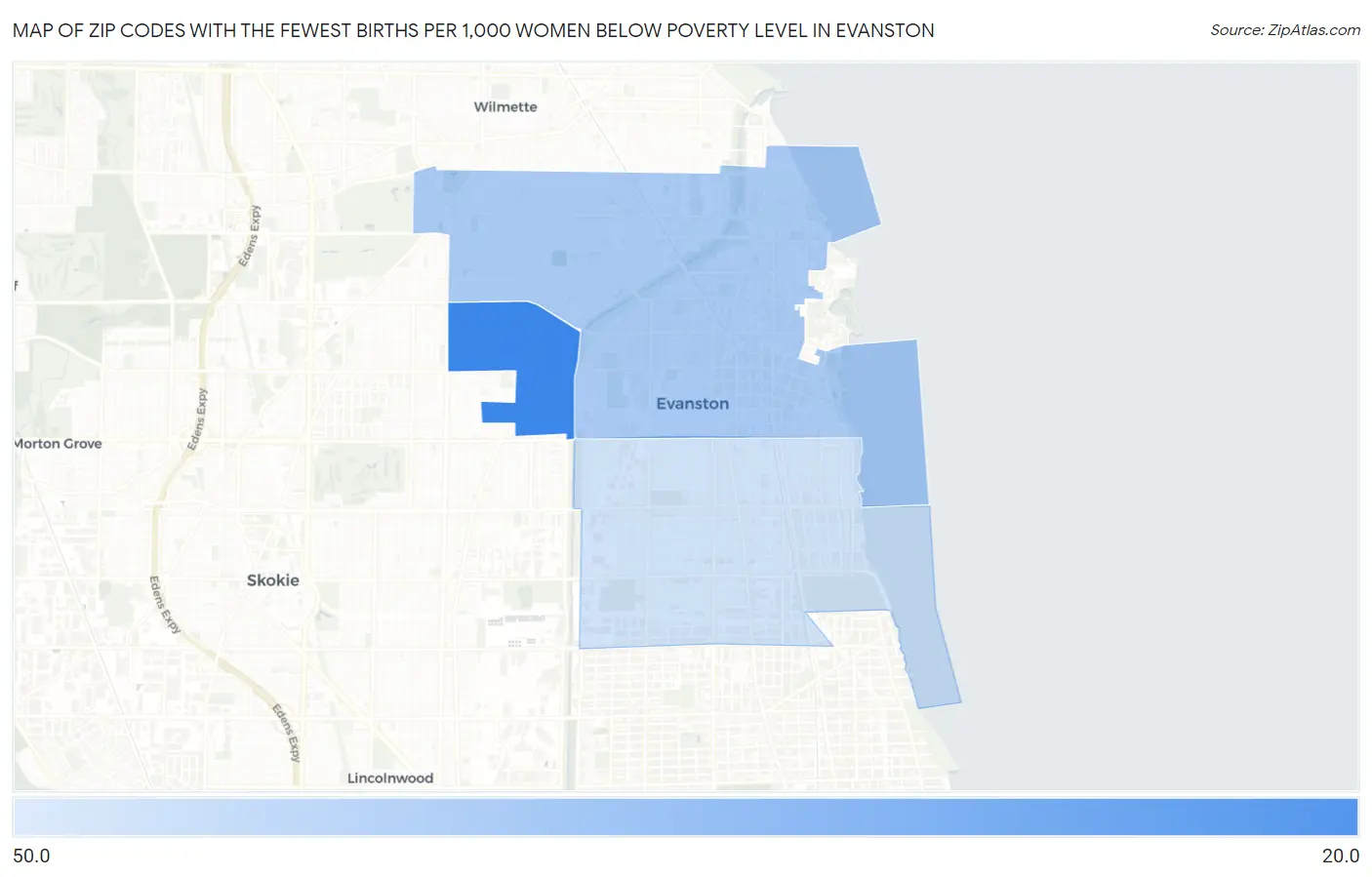 Zip Codes with the Fewest Births per 1,000 Women Below Poverty Level in Evanston Map