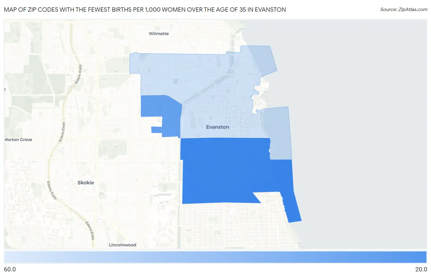 Zip Codes with the Fewest Births per 1,000 Women Over the Age of 35 in Evanston Map