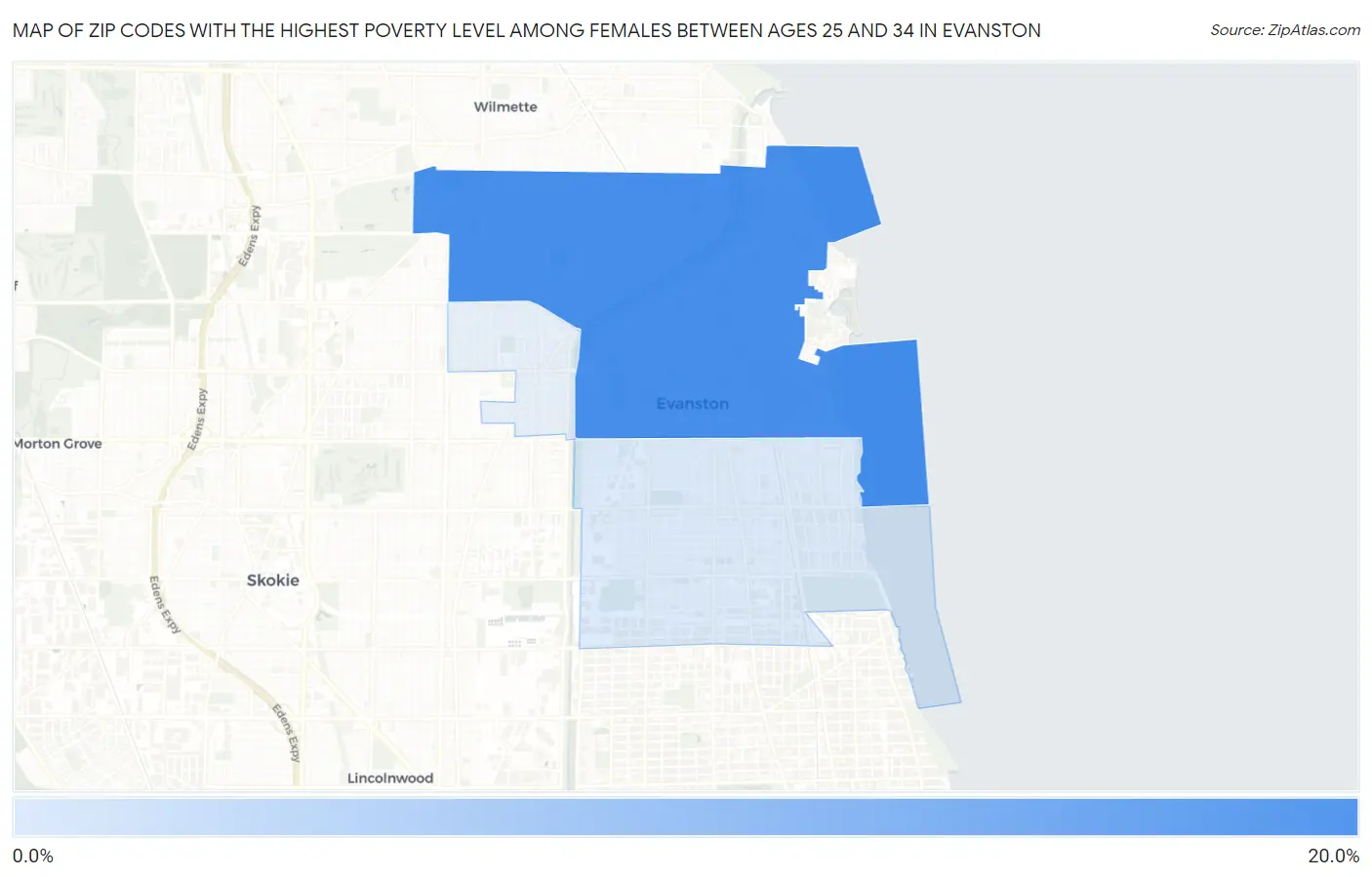 Zip Codes with the Highest Poverty Level Among Females Between Ages 25 and 34 in Evanston Map