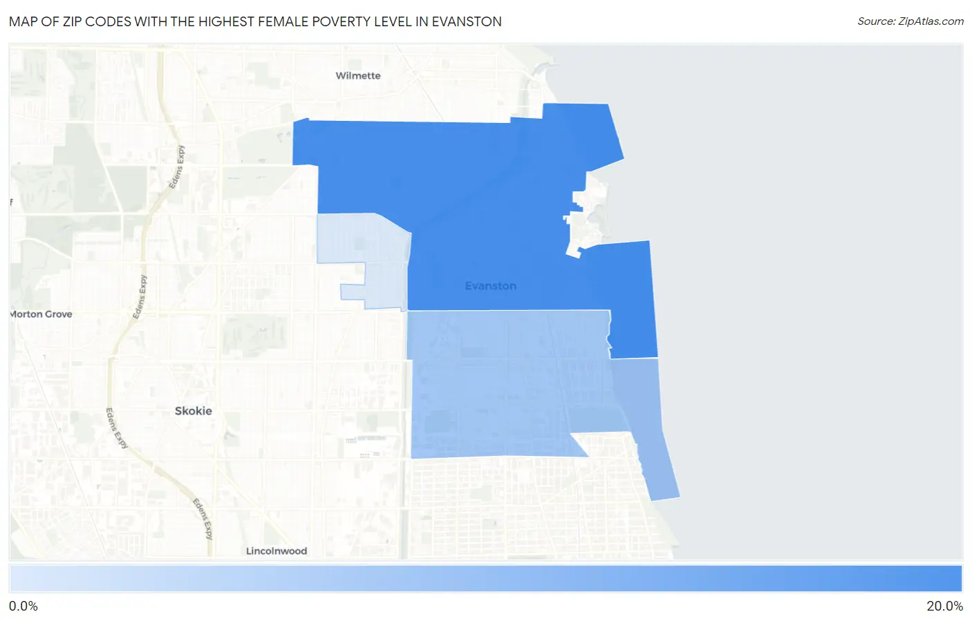 Zip Codes with the Highest Female Poverty Level in Evanston Map