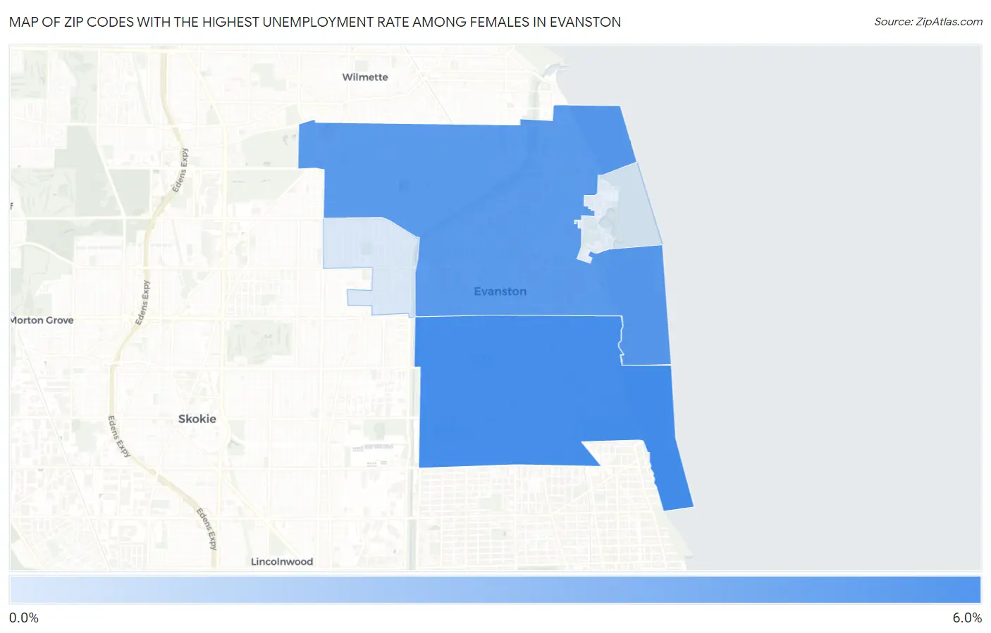 Zip Codes with the Highest Unemployment Rate Among Females in Evanston Map