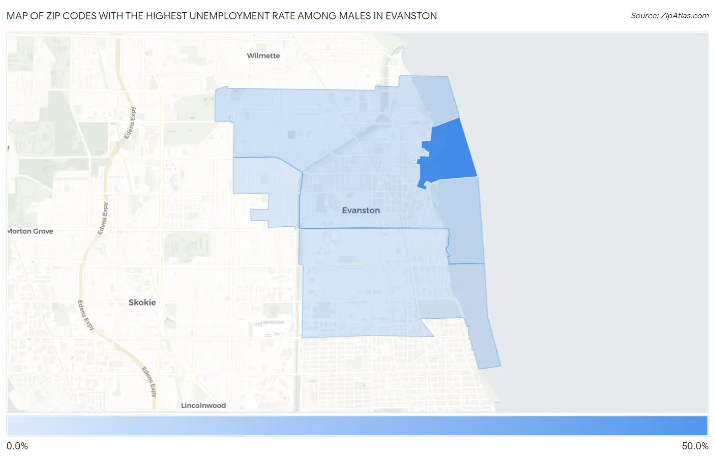 Zip Codes with the Highest Unemployment Rate Among Males in Evanston Map