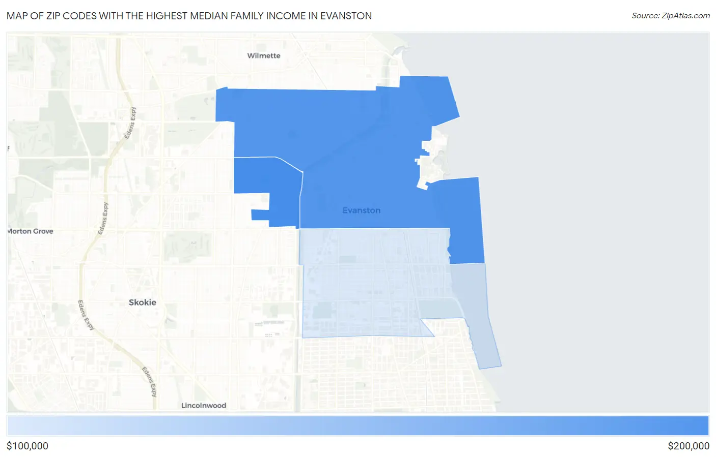 Zip Codes with the Highest Median Family Income in Evanston Map