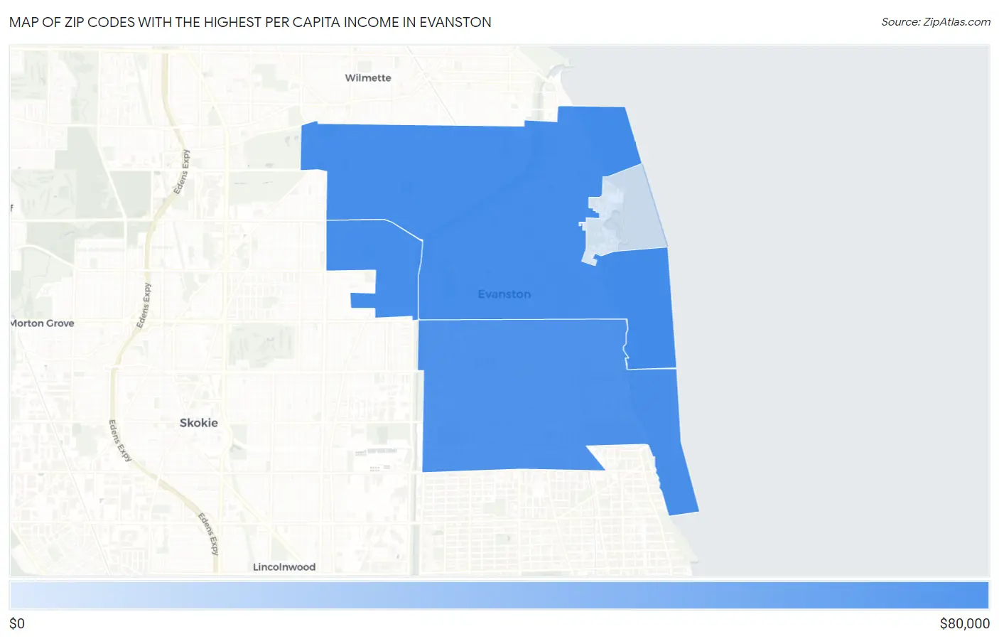 Zip Codes with the Highest Per Capita Income in Evanston Map