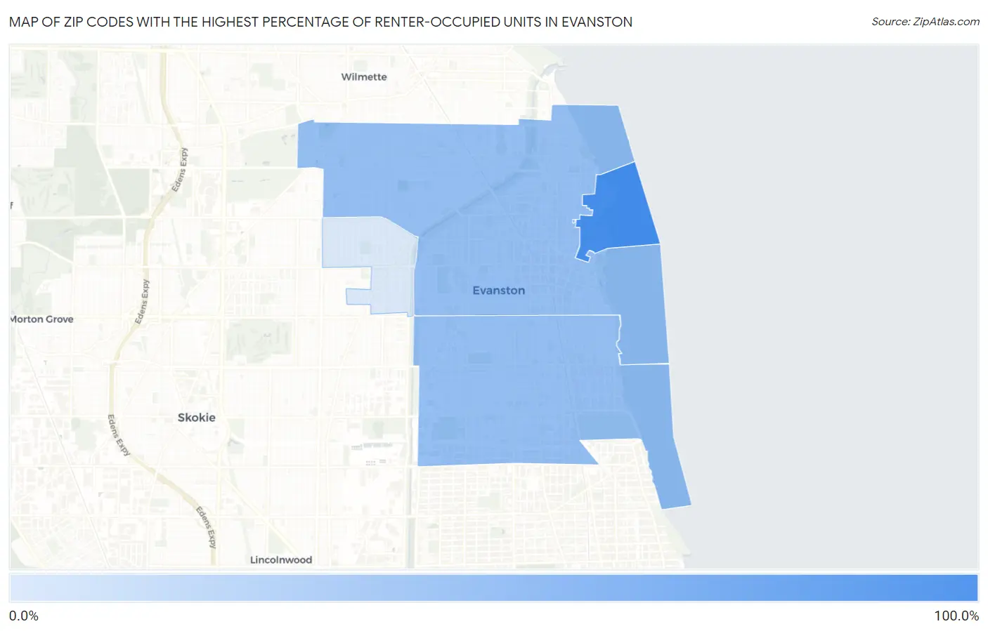 Zip Codes with the Highest Percentage of Renter-Occupied Units in Evanston Map