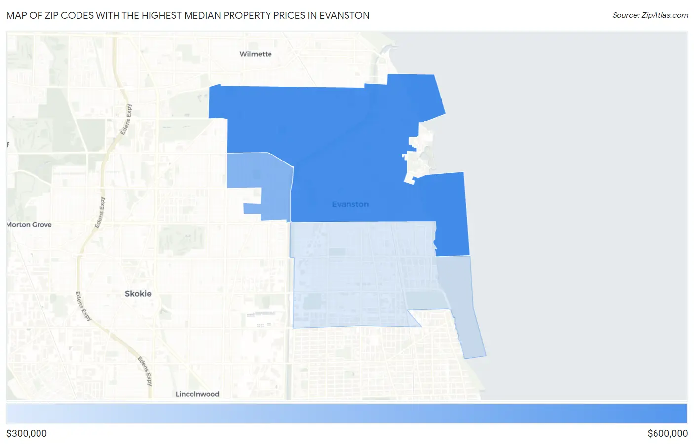Zip Codes with the Highest Median Property Prices in Evanston Map