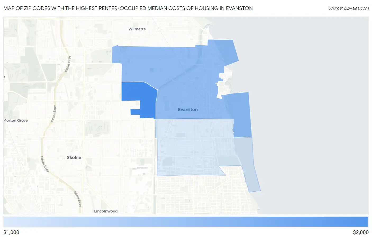 Zip Codes with the Highest Renter-Occupied Median Costs of Housing in Evanston Map