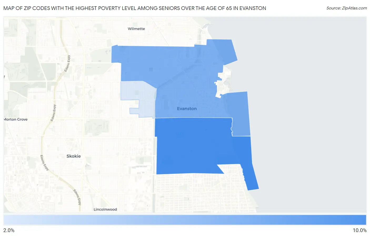 Zip Codes with the Highest Poverty Level Among Seniors Over the Age of 65 in Evanston Map