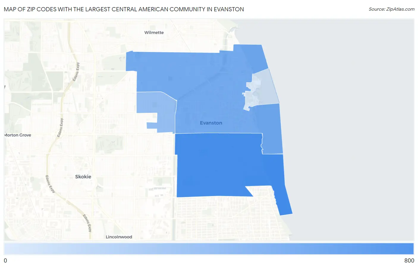 Zip Codes with the Largest Central American Community in Evanston Map