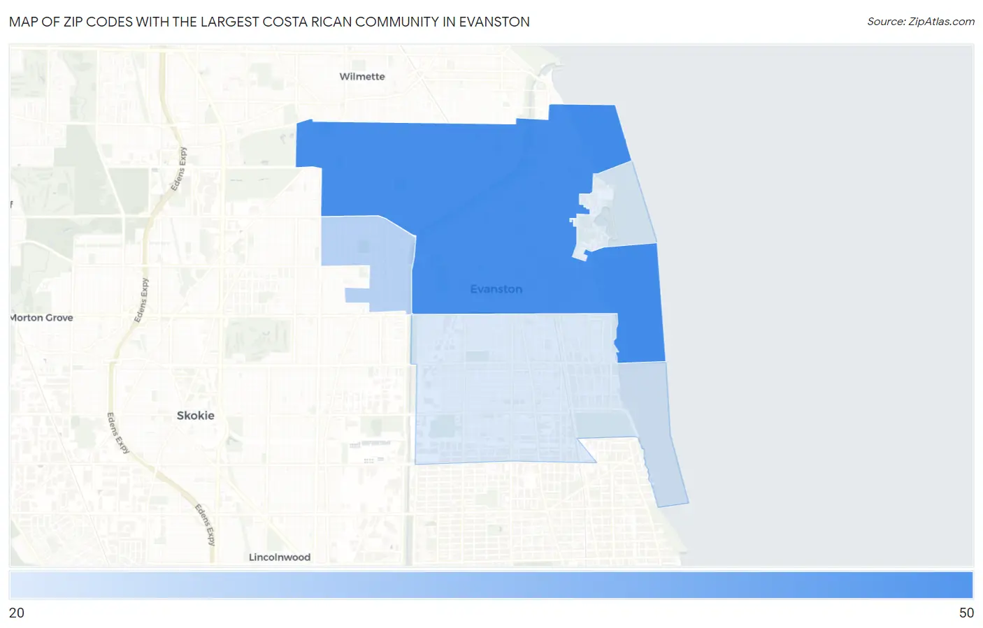 Zip Codes with the Largest Costa Rican Community in Evanston Map