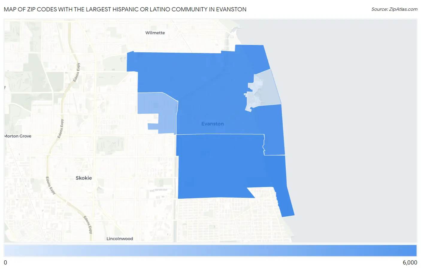 Zip Codes with the Largest Hispanic or Latino Community in Evanston Map