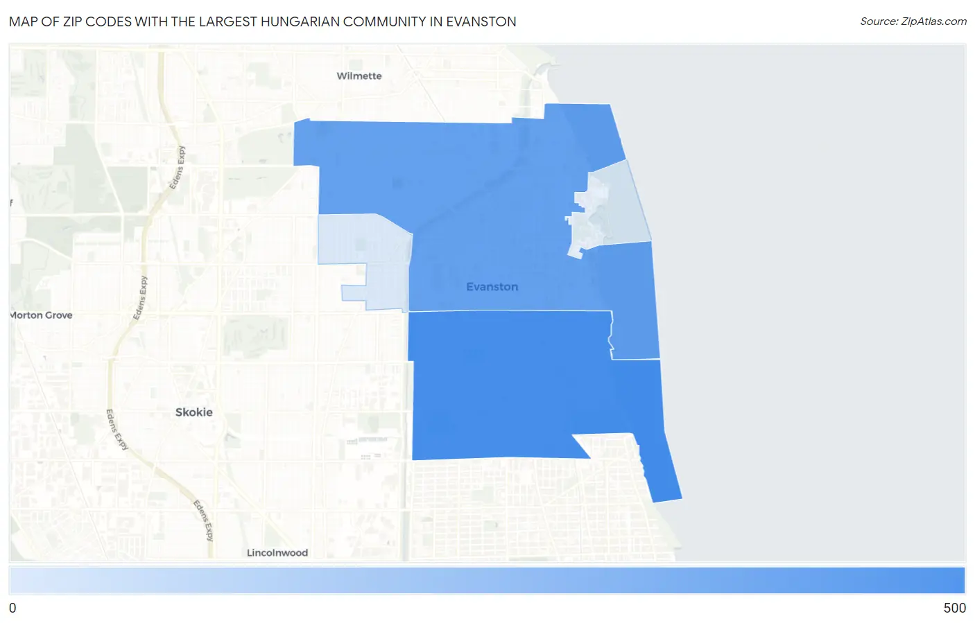 Zip Codes with the Largest Hungarian Community in Evanston Map