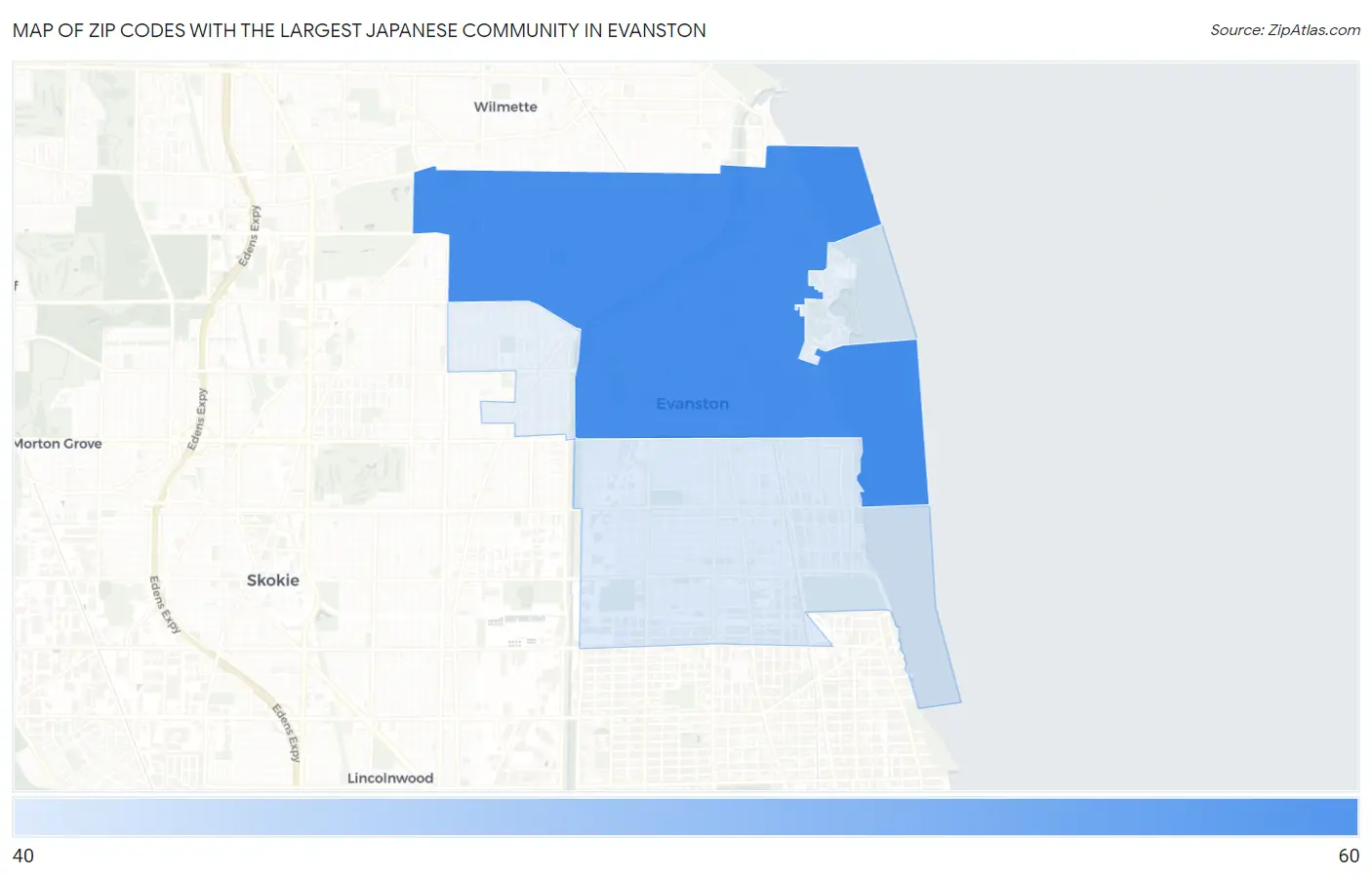 Zip Codes with the Largest Japanese Community in Evanston Map