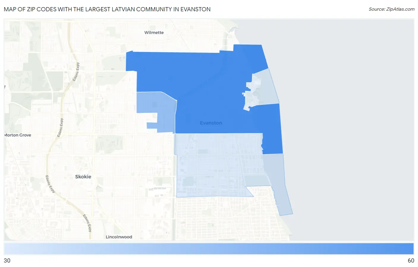 Zip Codes with the Largest Latvian Community in Evanston Map