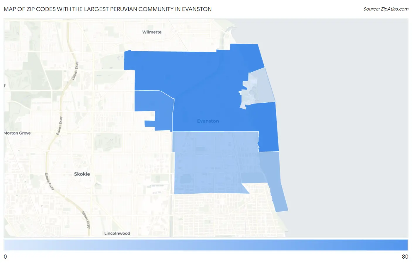 Zip Codes with the Largest Peruvian Community in Evanston Map