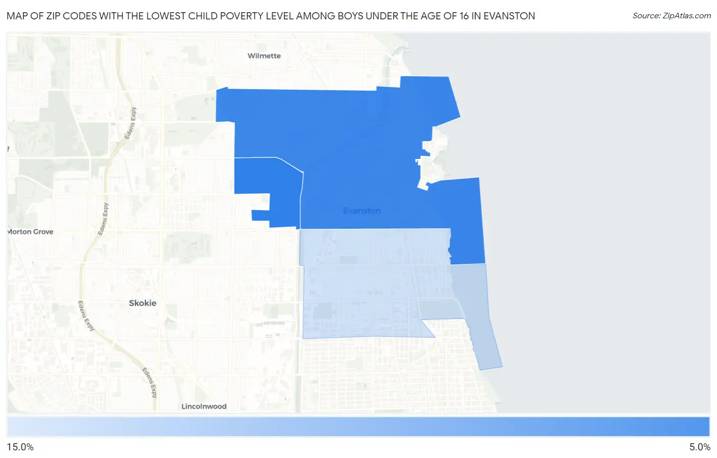Zip Codes with the Lowest Child Poverty Level Among Boys Under the Age of 16 in Evanston Map