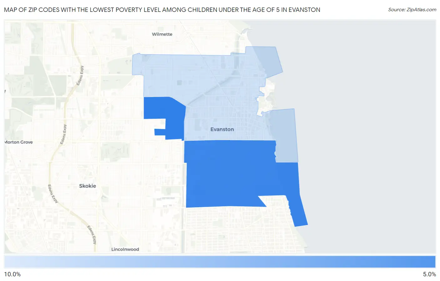 Zip Codes with the Lowest Poverty Level Among Children Under the Age of 5 in Evanston Map