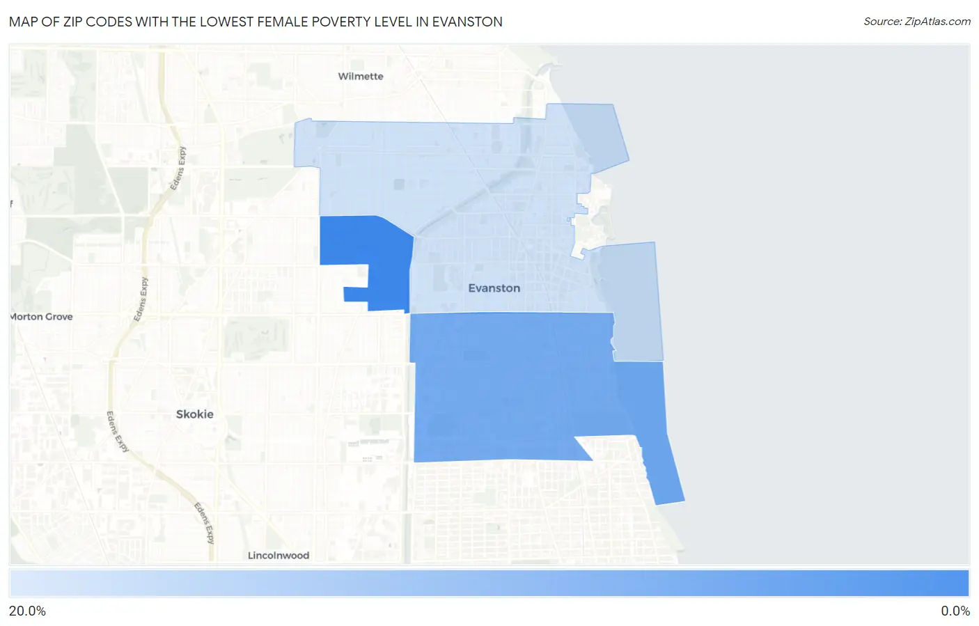 Zip Codes with the Lowest Female Poverty Level in Evanston Map