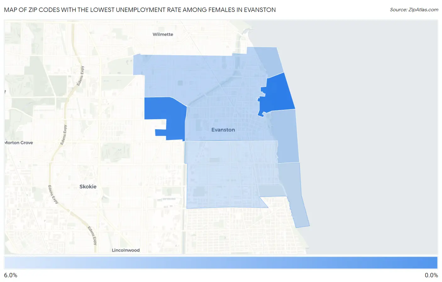 Zip Codes with the Lowest Unemployment Rate Among Females in Evanston Map