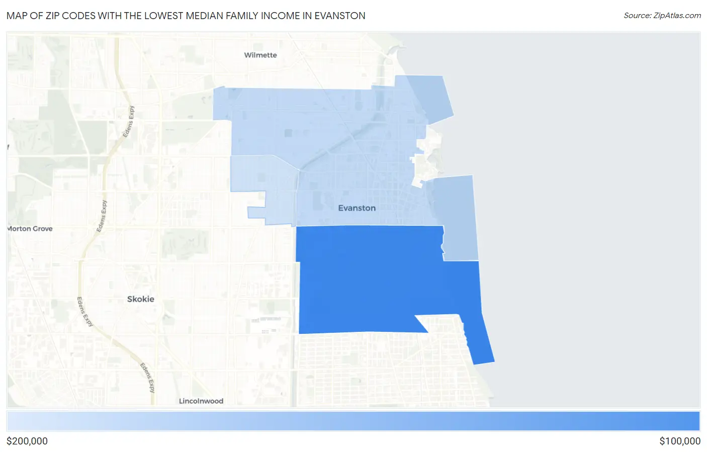 Zip Codes with the Lowest Median Family Income in Evanston Map