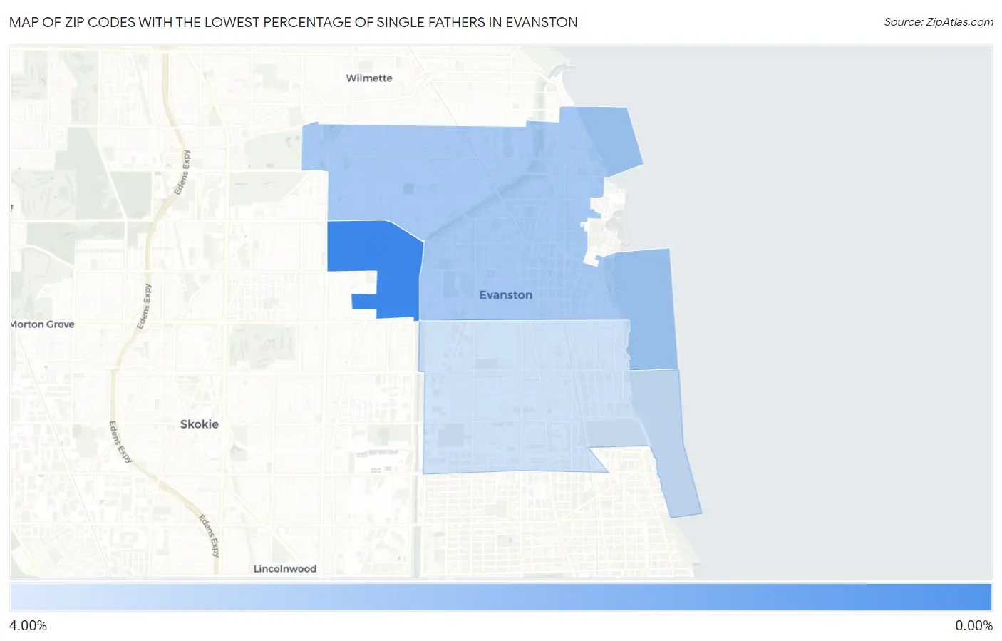 Zip Codes with the Lowest Percentage of Single Fathers in Evanston Map
