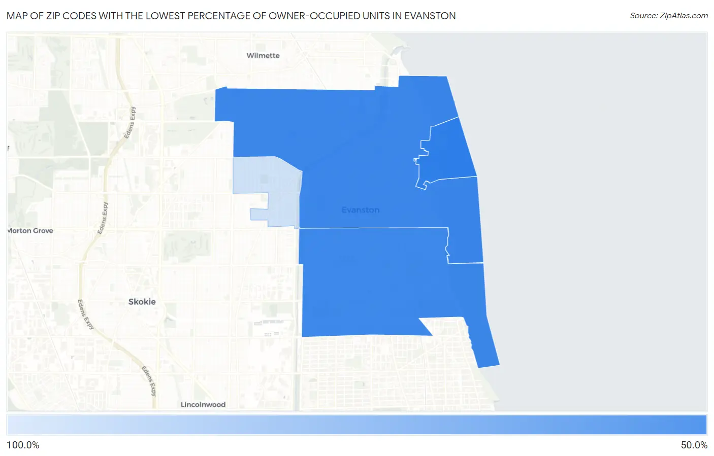 Zip Codes with the Lowest Percentage of Owner-Occupied Units in Evanston Map