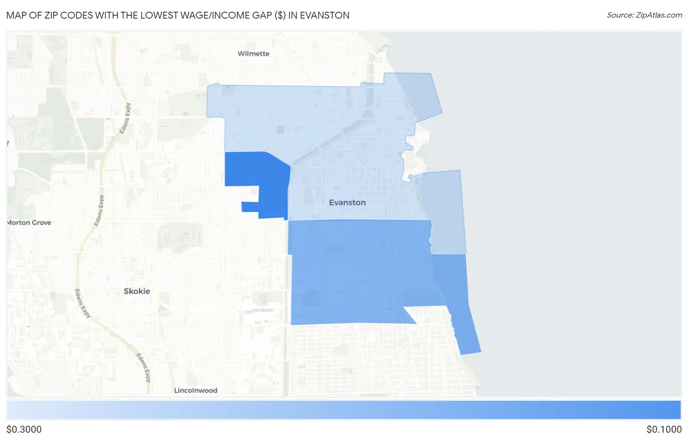 Zip Codes with the Lowest Wage/Income Gap ($) in Evanston Map